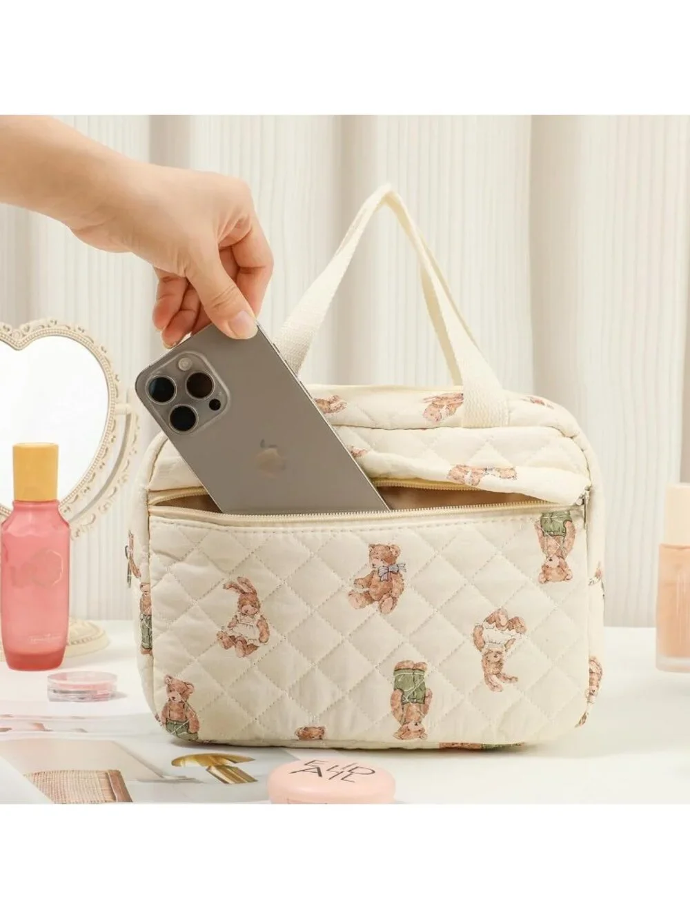 Large Quilted Makeup Bag - Cute Floral Travel Cosmetic Organizer with Handle